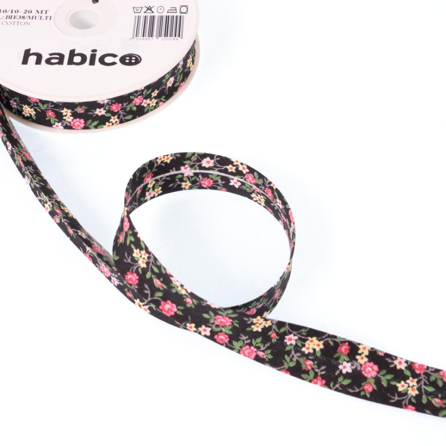 20MM BLACK FLORAL BIAS 20M 5091  Black/Multi