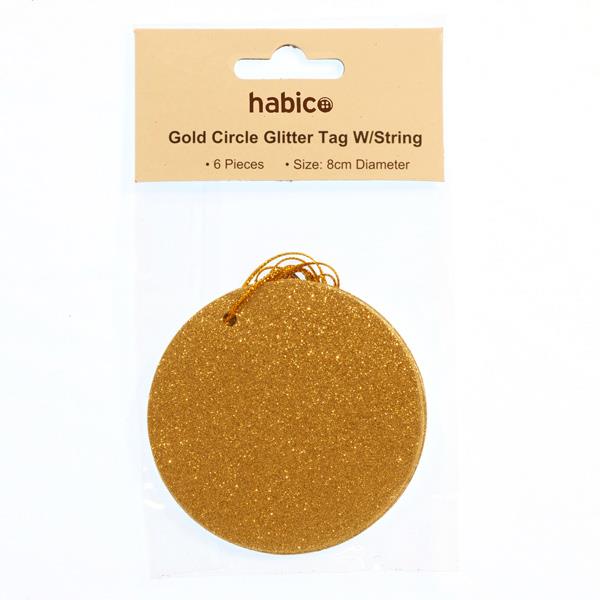 CIRCLE GLITTER TAGS W/STRING GOLD PK OF 6 1