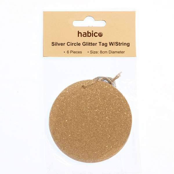 CIRCLE GLITTER TAGS W/STRING SILVER PK6 2