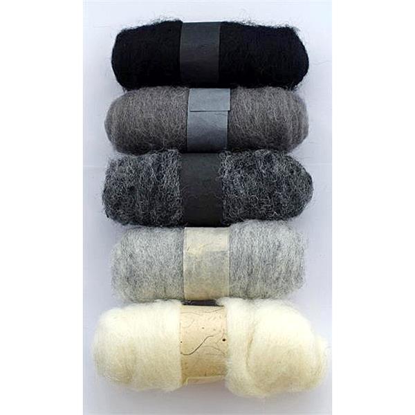 FELTING FIBRE WOOL ASSTD 20G 5 ROLLS GREYS