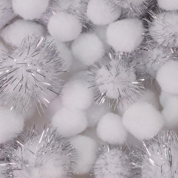 MIXED ASSTD GLITTER & PLAIN POM POMS 3301 White/Silver