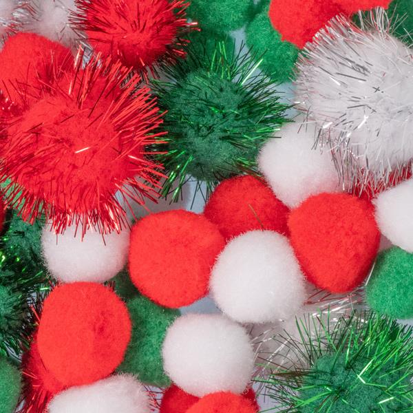 MIXED ASSTD GLITTER & PLAIN POM POMS 3302 Xmas