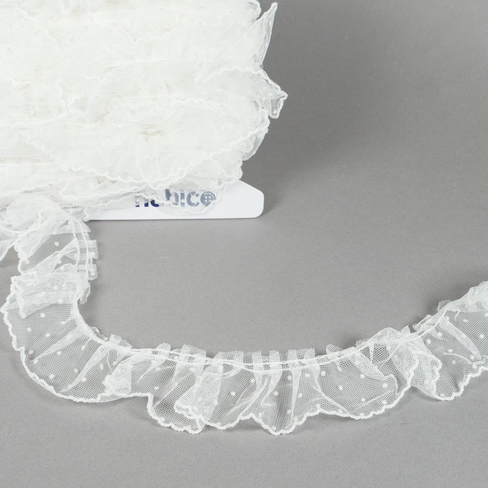 50MM GATHERED DOTS FRILL 20M WHITE