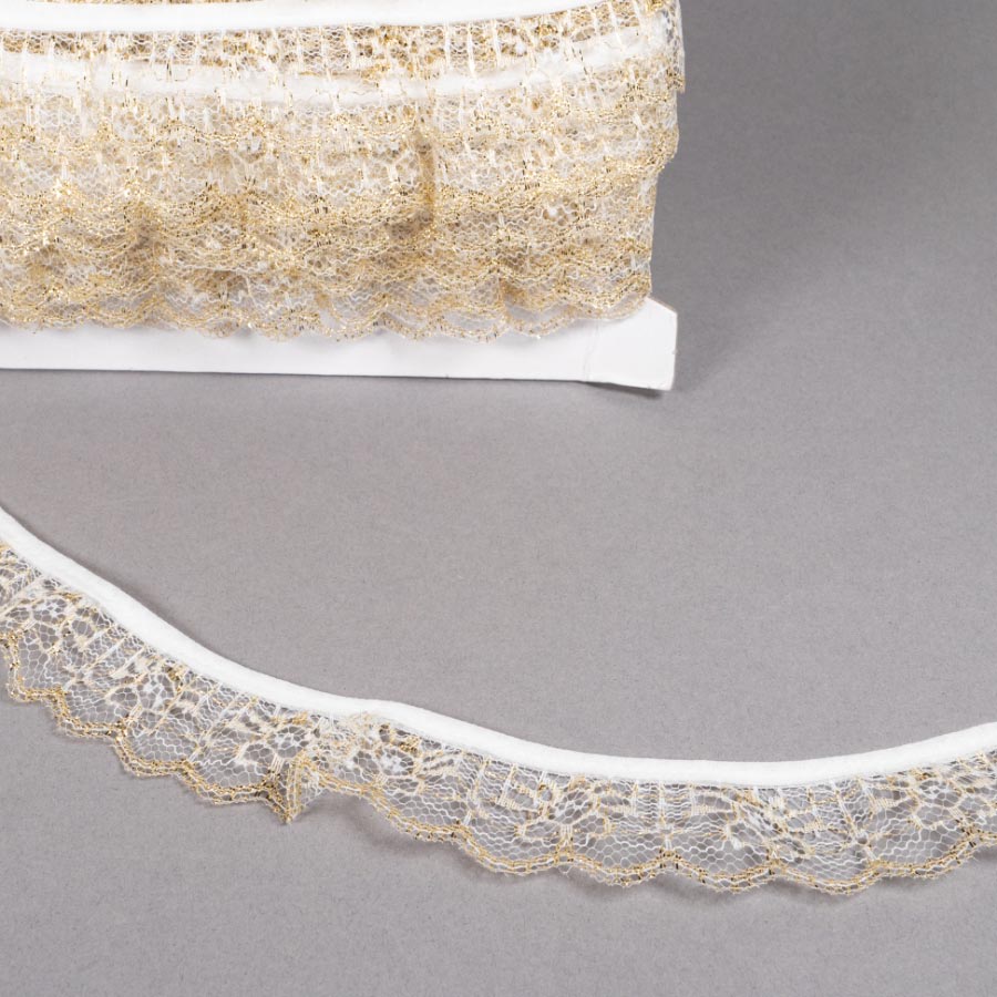 FRILLED METALLIC TRIMMED LACE - 25MTS WHT/GLD