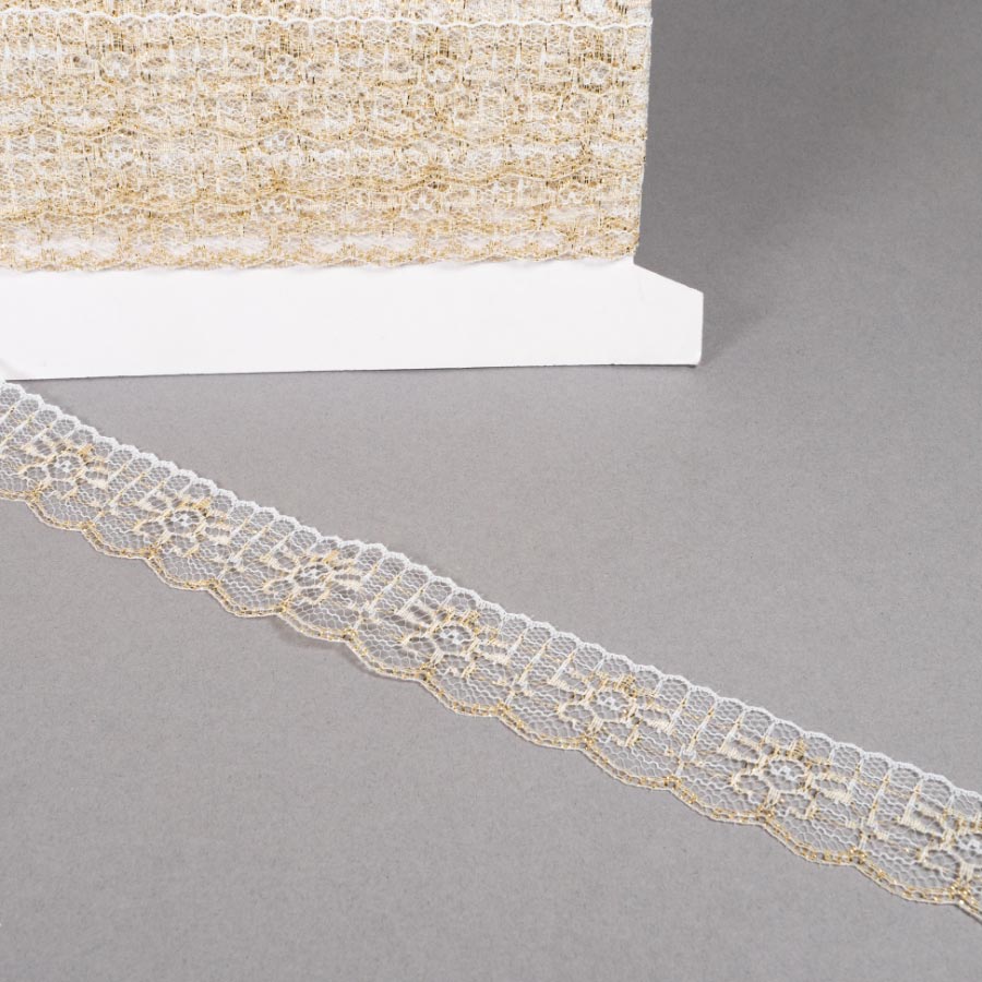 FLAT METALLIC TRIMMED LACE - 25MTS WHT/GLD