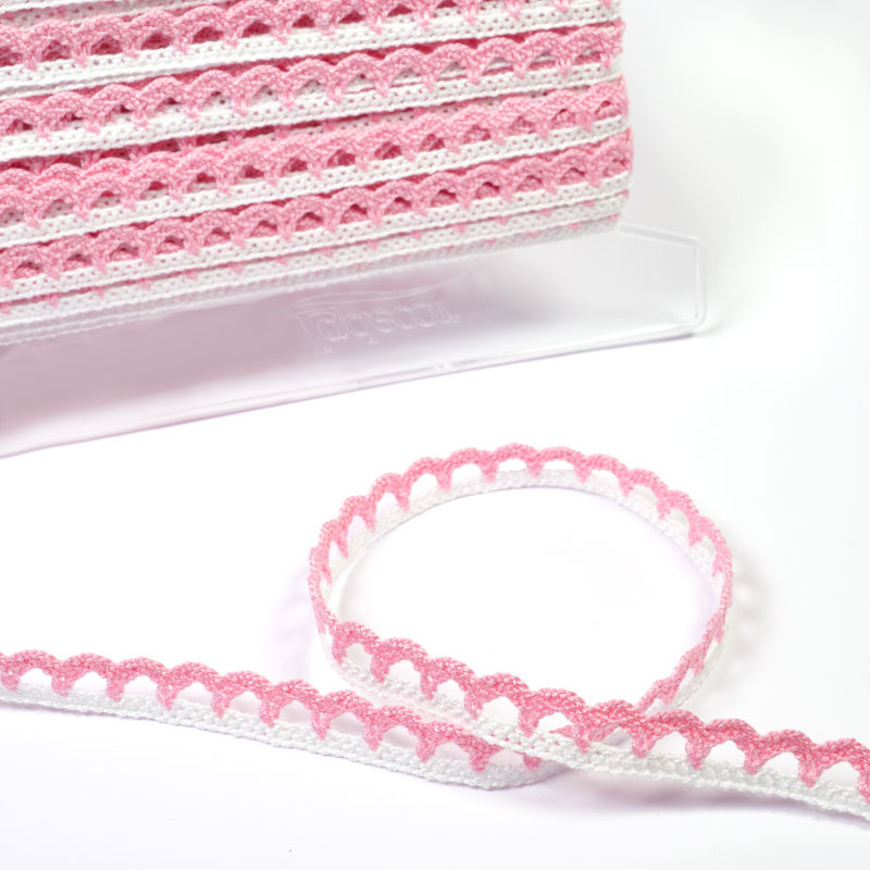 11MM POLYESTER LACE WITH RIC RAC 25M 106 White/Pink
