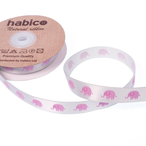 15MM ELEPHANT ON GREY SATIN RIBBON 20MTS PINK