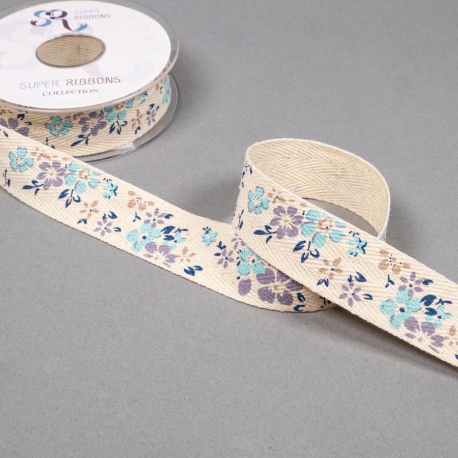 25MM BLUE FLORAL RIBBON - 10MTS