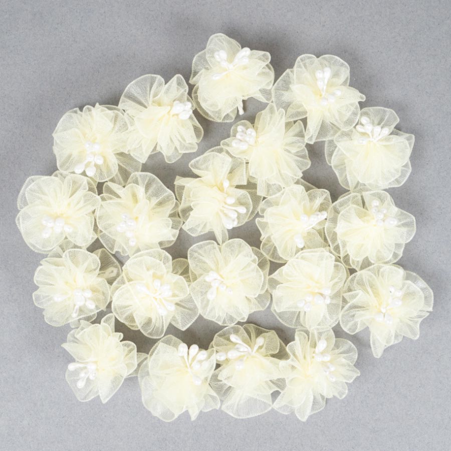 ORGANDIE FLOWER WITH PEARLS 10PCS X 5PKS YELLOW