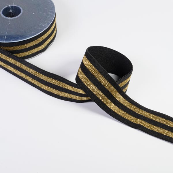 40MM STRETCH BAND WITH LUREX STRIPES 10M BLACK/GOLD