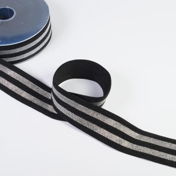 40MM STRETCH BAND WITH LUREX STRIPES 10M BLACK/SILVER