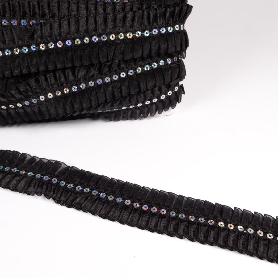 30MM DIAMANTE PLEATED TRIM - 25MTS BLACK