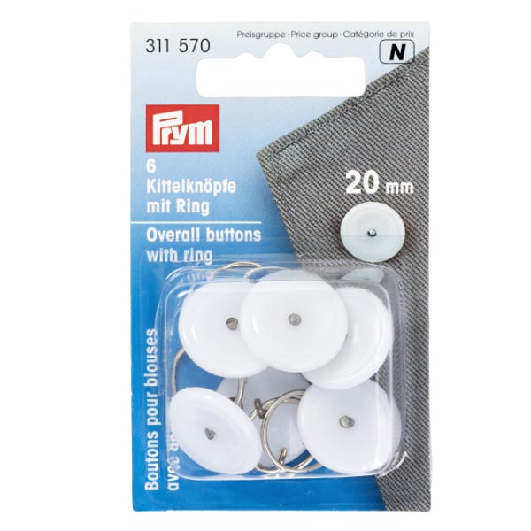 OVERALL BUTTONS PLASTIC WITH RING 20MM WHT 311570